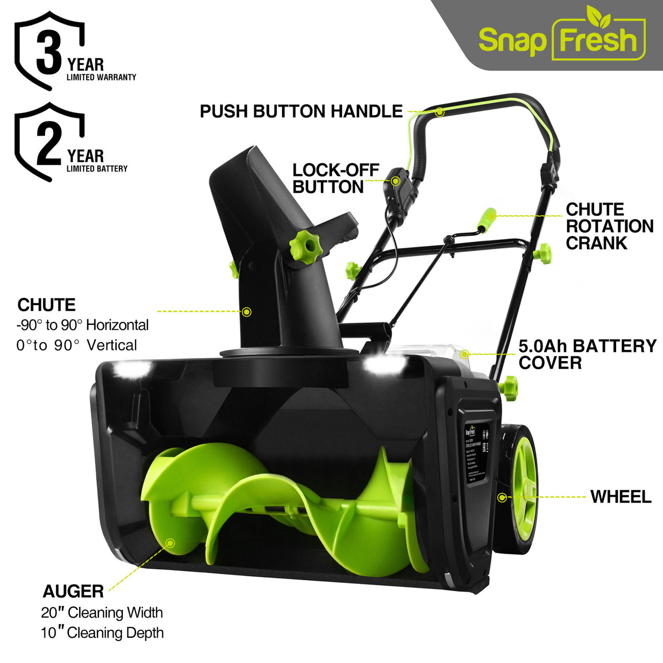20V Cordless Brushless Snow Blower , 2X5.0Ah Li-Ion Battery And