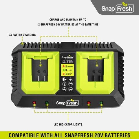 2 Port 20V Battery Fast Charger (CH20252), Work with of BBT-DC20A & BBT-DC40A & BBT-DC60A Only, Dual-Port Rapid Charger for All SnapFresh 20V Batteries