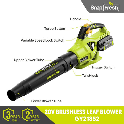 SnapFresh Cordless Brushless Leaf Blower (685CFM)